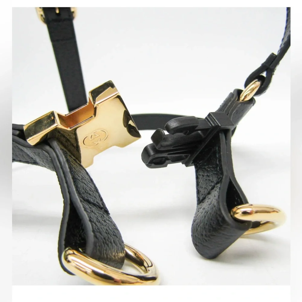 NWB Gucci GG Logo Black Leather Pet - Dog Harness with Gold Buckles Size M
